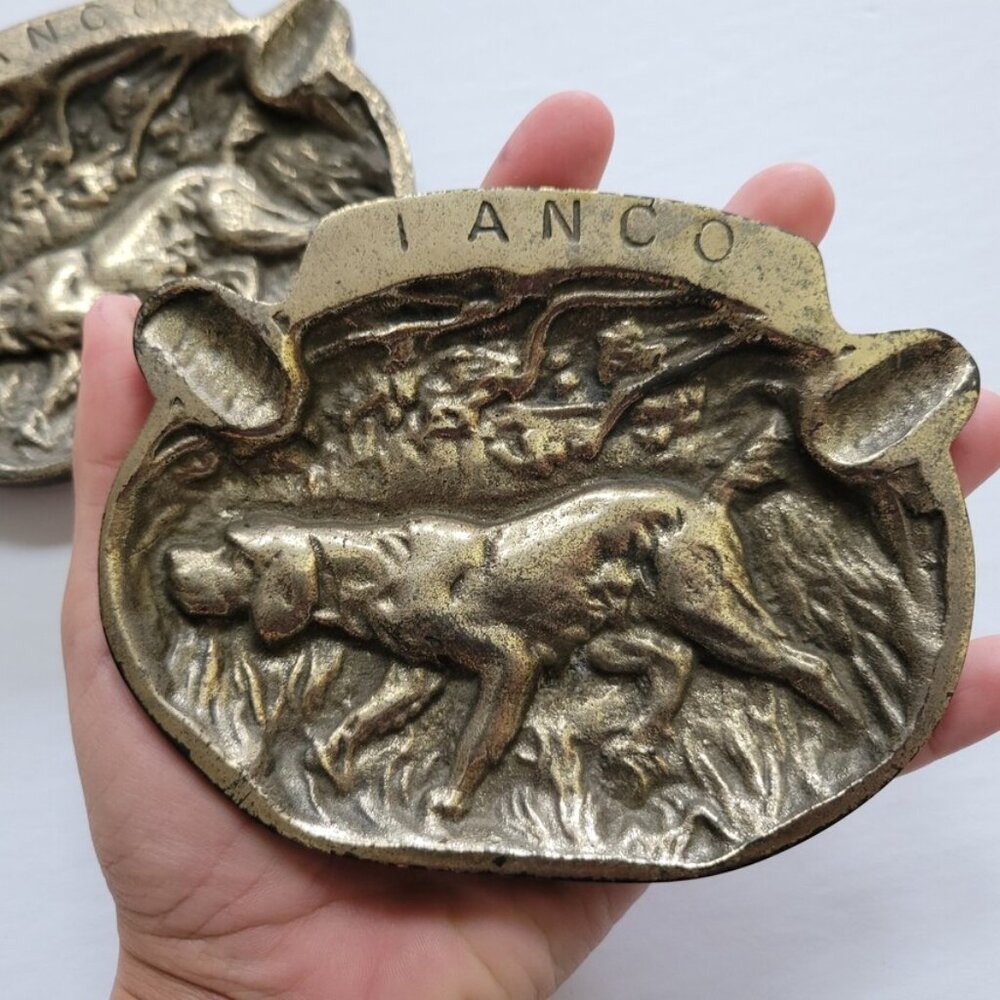Heavy Solid Brass Ianco Ashtrays Hunting Dogs Set of 2 Vintage Home Decor
